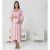 Pink maternity nightie & robe set by Mini Plum – lace neckline & button-front nursing detail, cotton modal