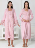 Pink maternity nightie & robe set by Mini Plum – side view, bump-friendly fit for pregnancy & postpartum