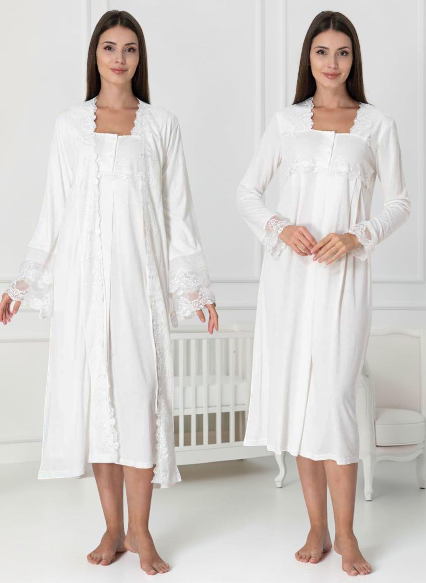 White nightie & robe set by Mini Plum – long-sleeve nursing nightwear with square neck, breastfeeding-friendly, hospital bag ready