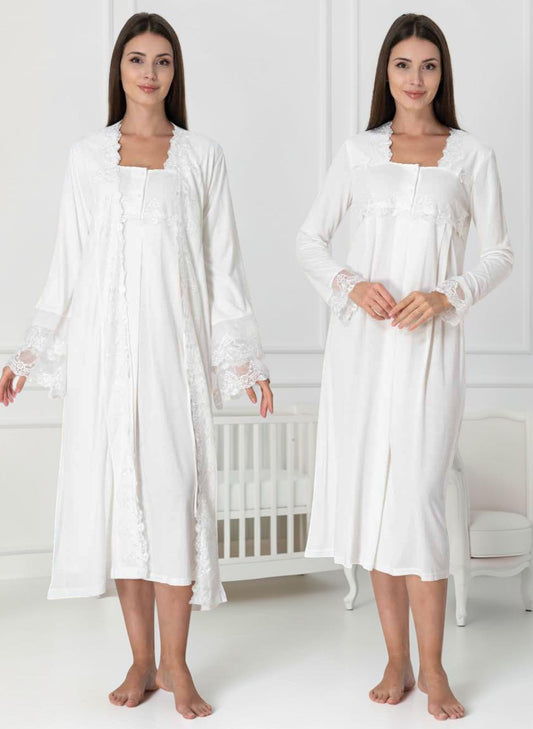 White nightie & robe set by Mini Plum – long-sleeve nursing nightwear with square neck, breastfeeding-friendly, hospital bag ready