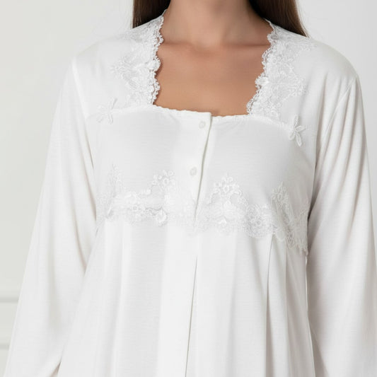 White nightie & robe set by Mini Plum – lace detail and square neck, maternity & nursing