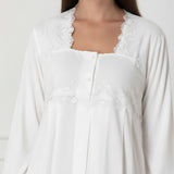 White maternity nightie & robe set by Mini Plum – lace neckline & button-front nursing detail, cotton modal