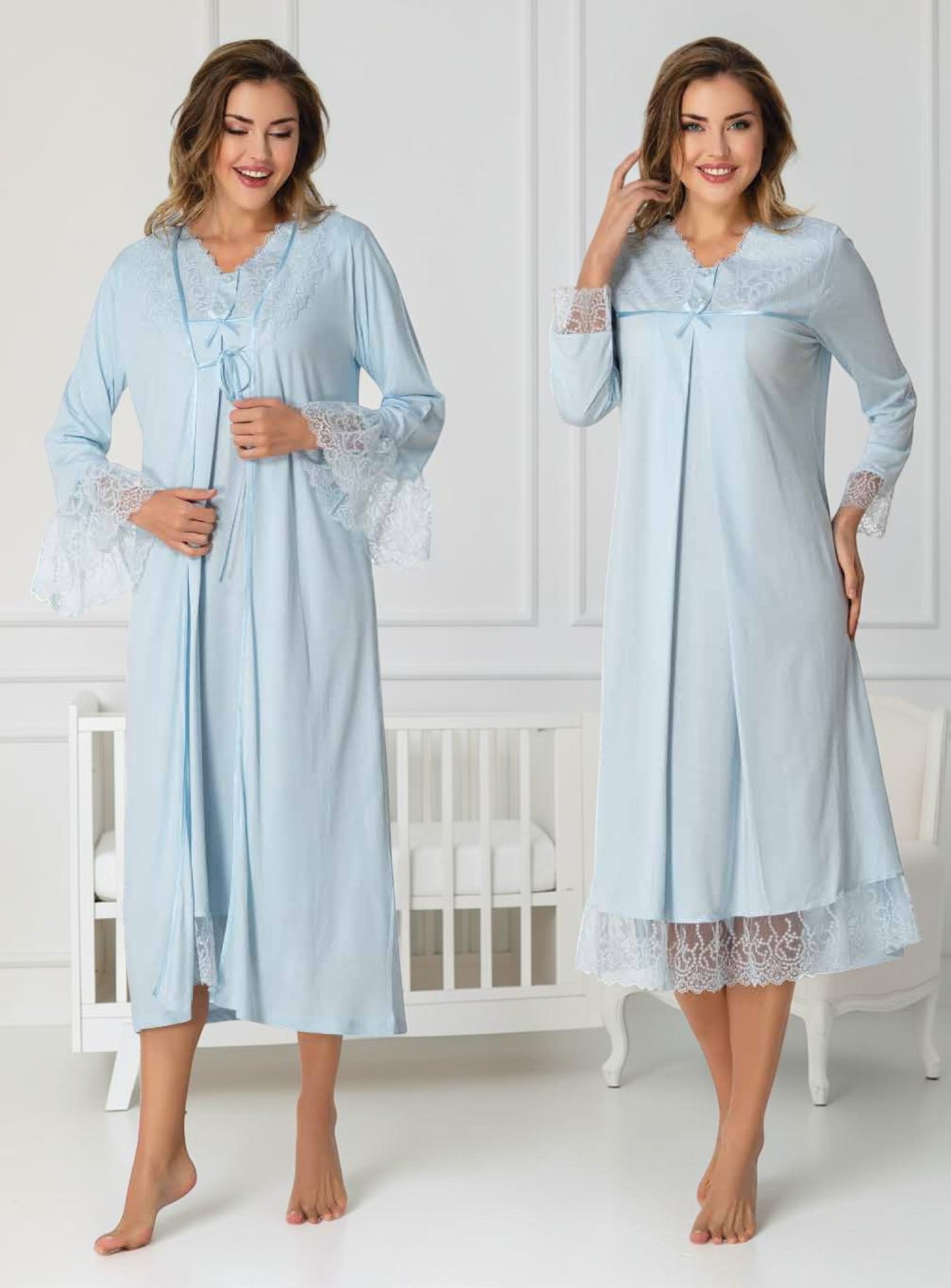 Gray maternity nightie and robe set by Mini Plum – nursing maternity nightwear, breastfeeding button-down, hospital bag & baby shower gift