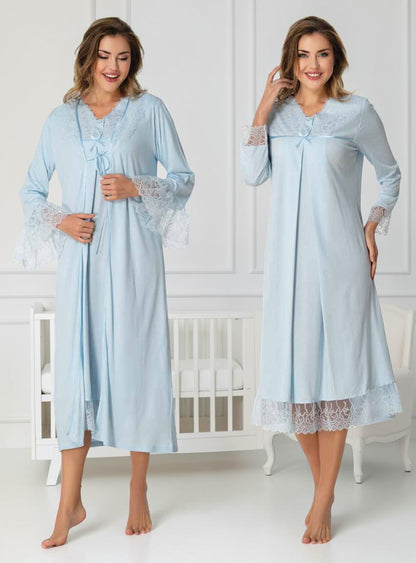 Gray maternity nightie and robe set by Mini Plum – nursing maternity nightwear, breastfeeding button-down, hospital bag & baby shower gift