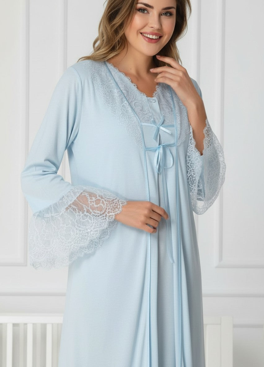 Gray maternity nightie and robe set by Mini Plum – nursing maternity nightwear, breastfeeding button-down, hospital bag & baby shower gift