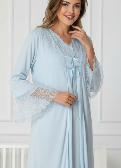 Gray maternity nightie and robe set by Mini Plum – nursing maternity nightwear, breastfeeding button-down, hospital bag & baby shower gift