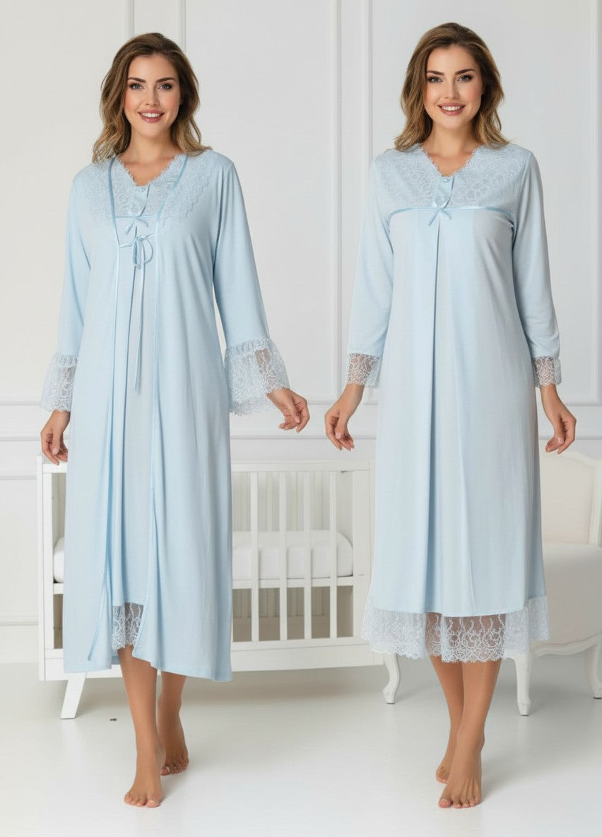 Gray maternity nightie and robe set by Mini Plum – nursing maternity nightwear, breastfeeding button-down, hospital bag & baby shower gift