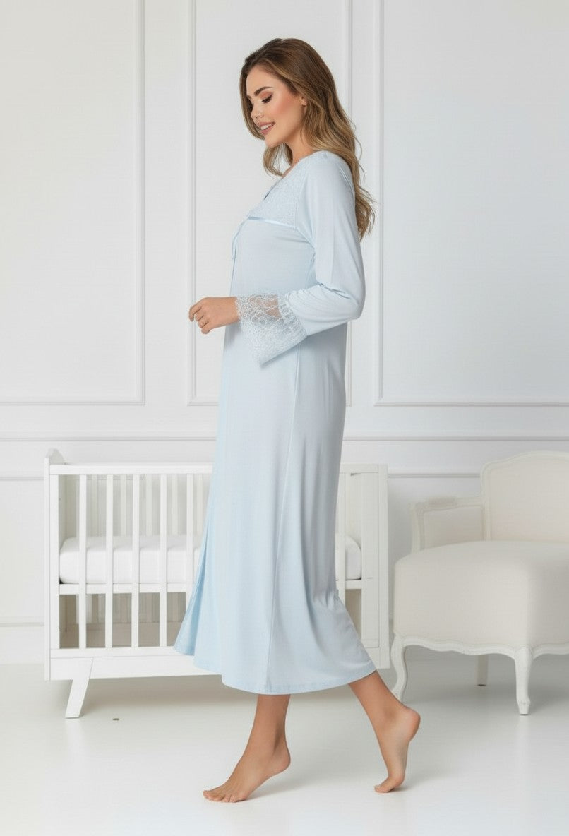Gray maternity nightie and robe set by Mini Plum, long sleeve lace v-neck – nursing & breastfeeding nightwear, postpartum, hospital bag ready