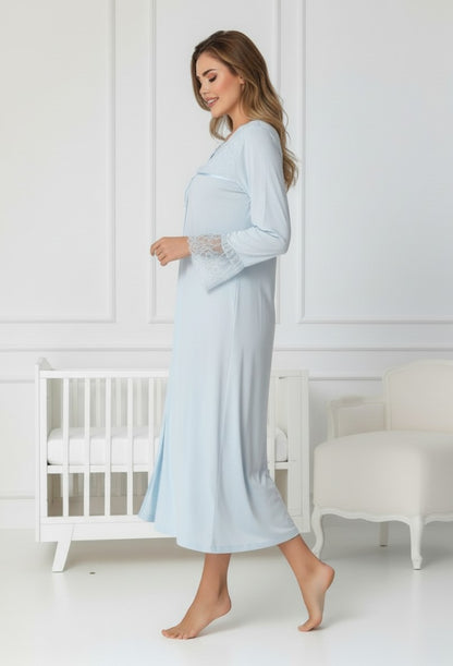 Gray maternity nightie and robe set by Mini Plum, long sleeve lace v-neck – nursing & breastfeeding nightwear, postpartum, hospital bag ready