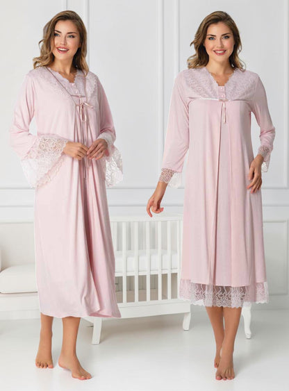 Pink maternity nightie and robe set by Mini Plum – nursing maternity nightwear, breastfeeding button-down, hospital bag & baby shower gift