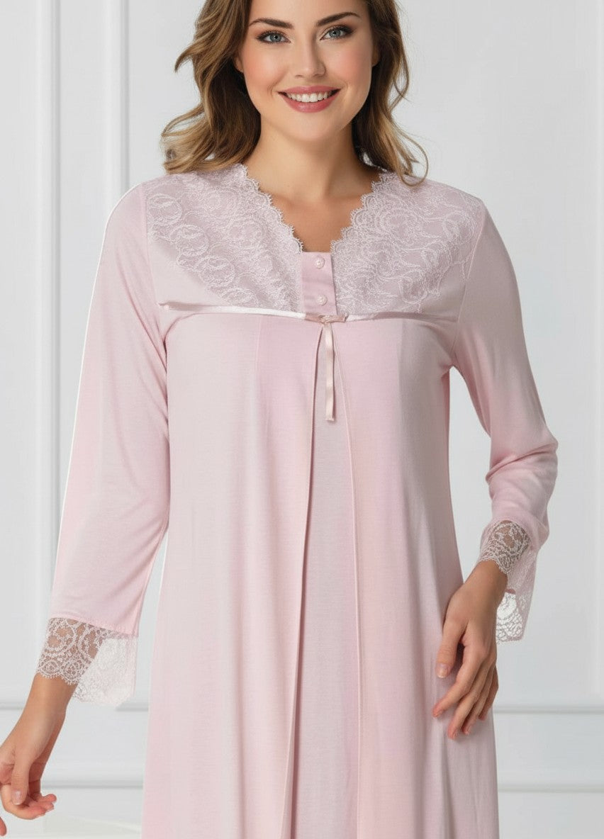 Pink maternity nightie and robe set by Mini Plum – nursing maternity nightwear, breastfeeding button-down, hospital bag & baby shower gift