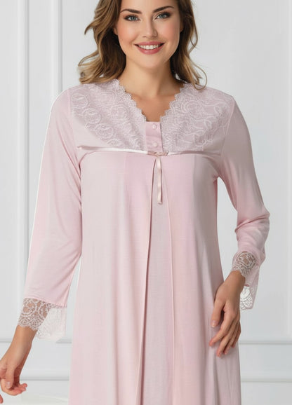Pink maternity nightie and robe set by Mini Plum – nursing maternity nightwear, breastfeeding button-down, hospital bag & baby shower gift