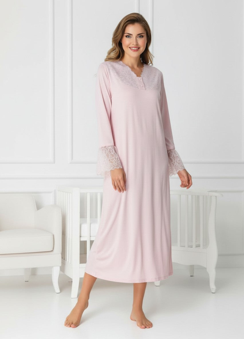 Pink maternity nightie and robe set by Mini Plum – nursing maternity nightwear, breastfeeding button-down, hospital bag & baby shower gift