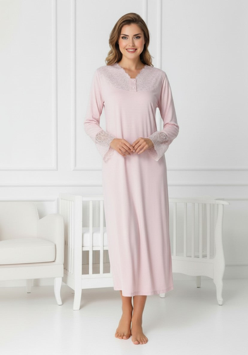 Pink maternity nightie and robe set by Mini Plum – nursing maternity nightwear, breastfeeding button-down, hospital bag & baby shower gift