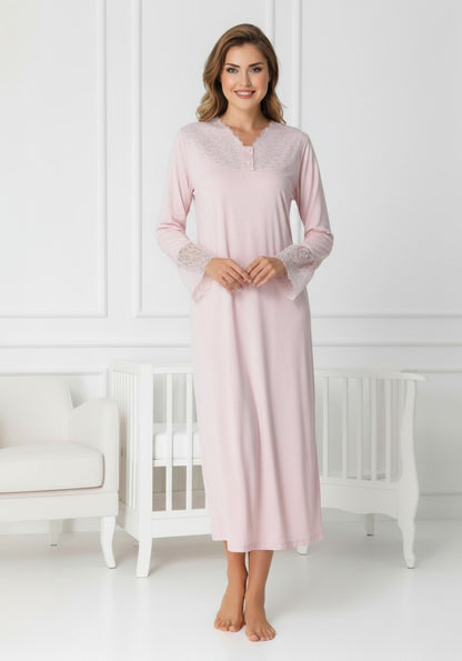 Pink maternity nightie and robe set by Mini Plum – nursing maternity nightwear, breastfeeding button-down, hospital bag & baby shower gift