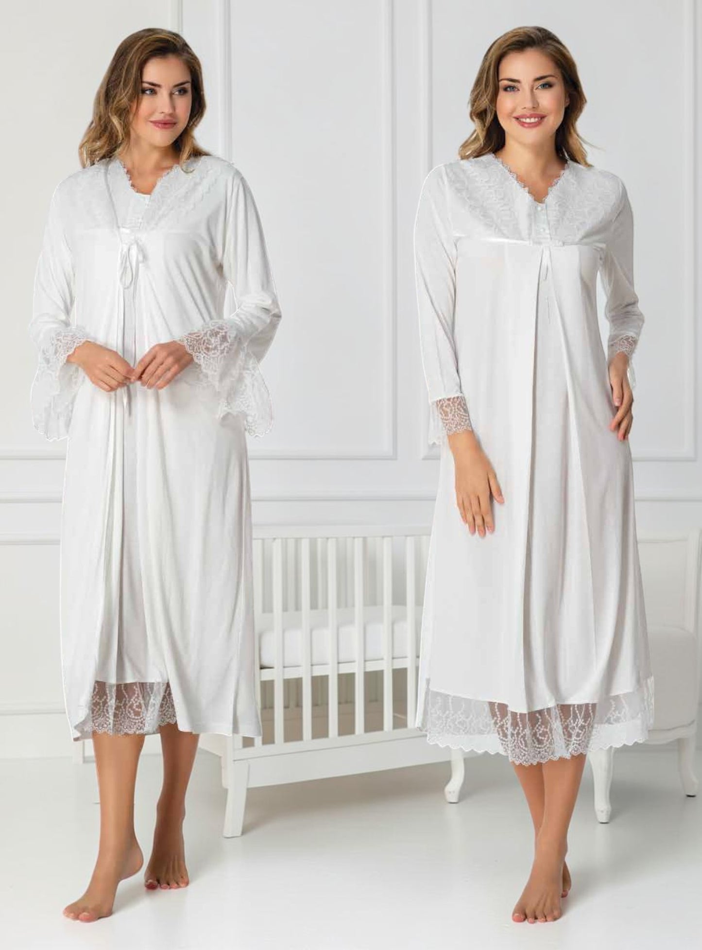 White maternity nightie and robe set by Mini Plum – nursing maternity nightwear, breastfeeding button-down, hospital bag & baby shower gift