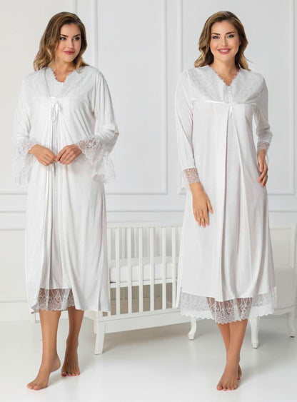White maternity nightie and robe set by Mini Plum – nursing maternity nightwear, breastfeeding button-down, hospital bag & baby shower gift