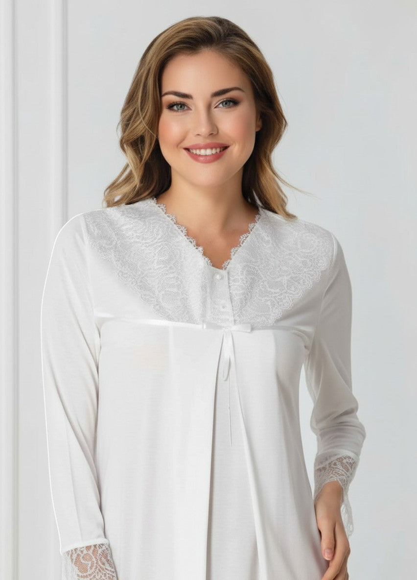 White maternity nightie and robe set by Mini Plum – nursing maternity nightwear, breastfeeding button-down, hospital bag & baby shower gift