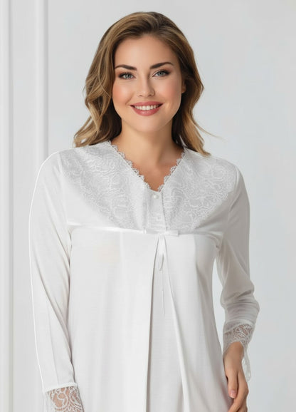 White maternity nightie and robe set by Mini Plum – nursing maternity nightwear, breastfeeding button-down, hospital bag & baby shower gift