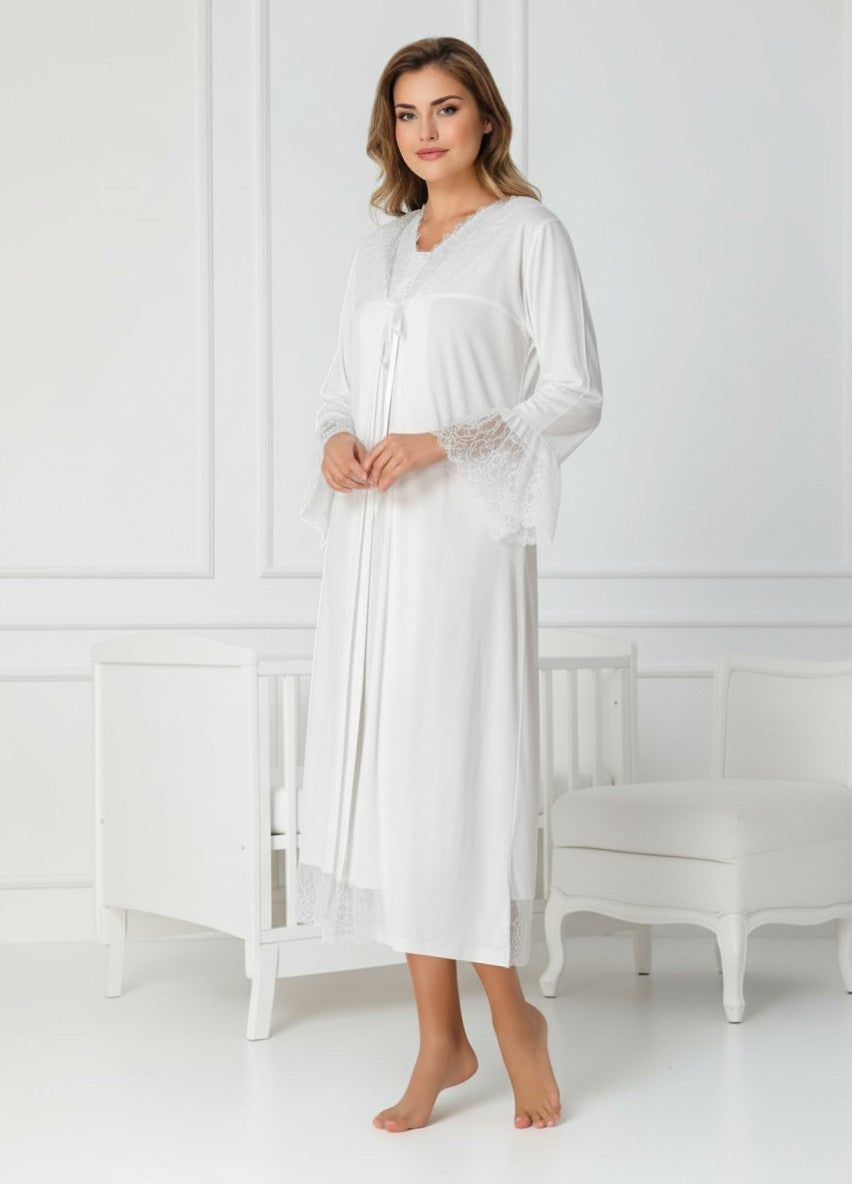 White maternity nightie and robe set by Mini Plum – nursing maternity nightwear, breastfeeding button-down, hospital bag & baby shower gift