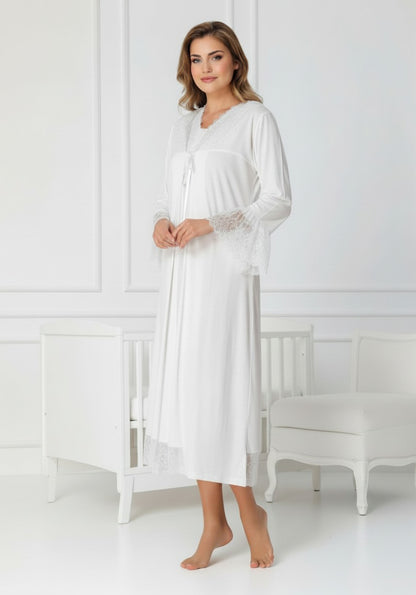 White maternity nightie and robe set by Mini Plum – nursing maternity nightwear, breastfeeding button-down, hospital bag & baby shower gift