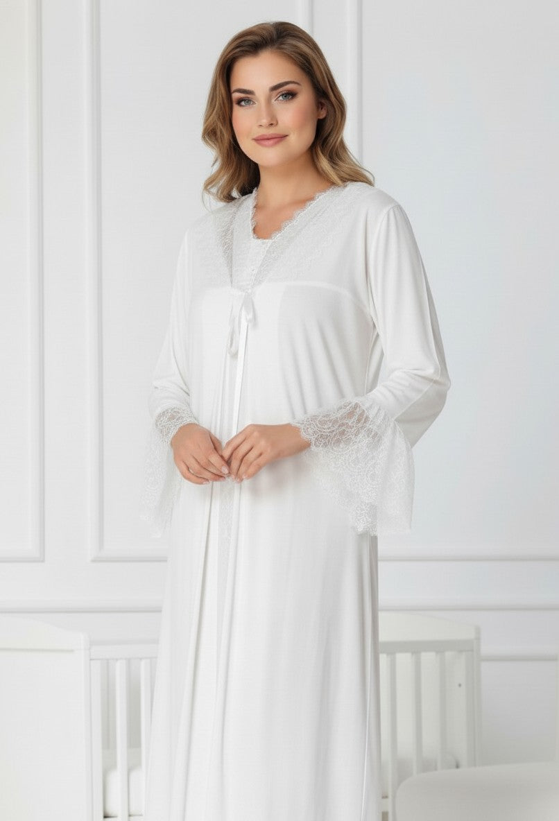 White maternity nightie and robe set by Mini Plum, long sleeve lace v-neck – nursing & breastfeeding nightwear, postpartum, hospital bag ready