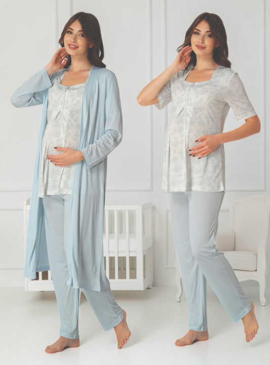 Blue pyjama & robe set by Mini Plum – nursing nightwear with square neck, breastfeeding-friendly, hospital bag ready