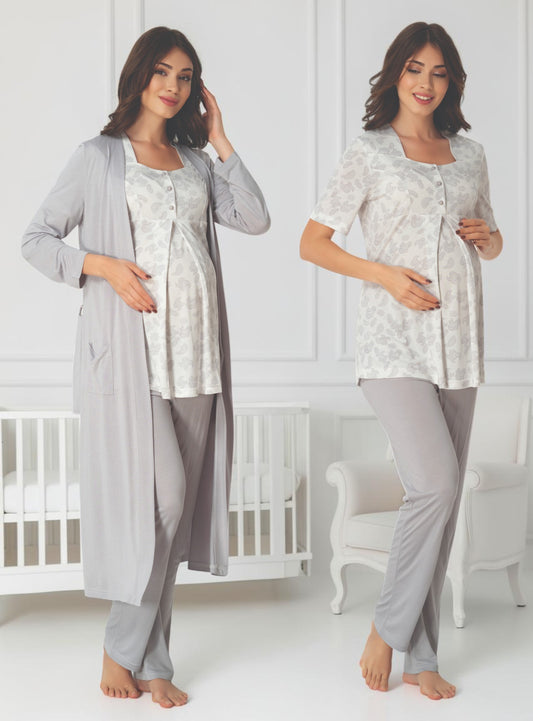 Grey pyjama & robe set by Mini Plum – nursing nightwear with square neck, breastfeeding-friendly, hospital bag ready