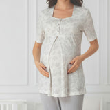 Grey maternity pyjama & robe set by Mini Plum – lace neckline & button-front nursing detail, cotton modal