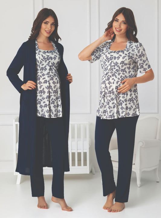 Navy pyjama & robe set by Mini Plum – nursing nightwear with square neck, breastfeeding-friendly, hospital bag ready
