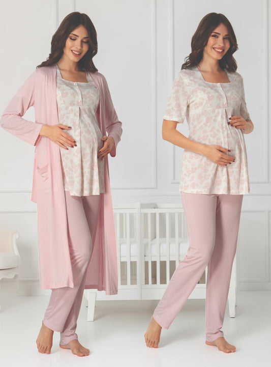 Pink pyjama & robe set by Mini Plum – nursing nightwear with square neck, breastfeeding-friendly, hospital bag ready
