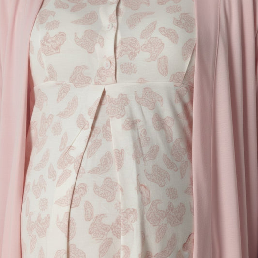Pink pyjama & robe set by Mini Plum – paisley print and square neck, maternity & nursing