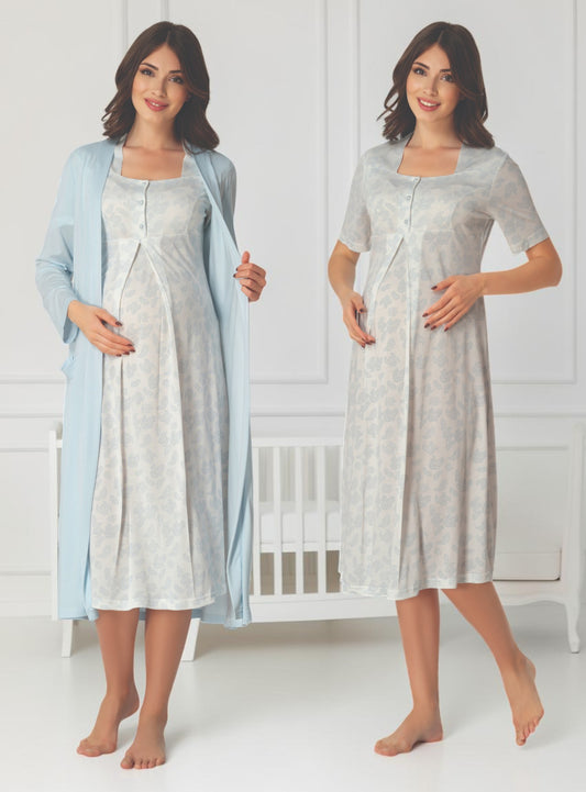 Blue nightie & robe set by Mini Plum – nursing nightwear with square neck, breastfeeding-friendly, hospital bag ready