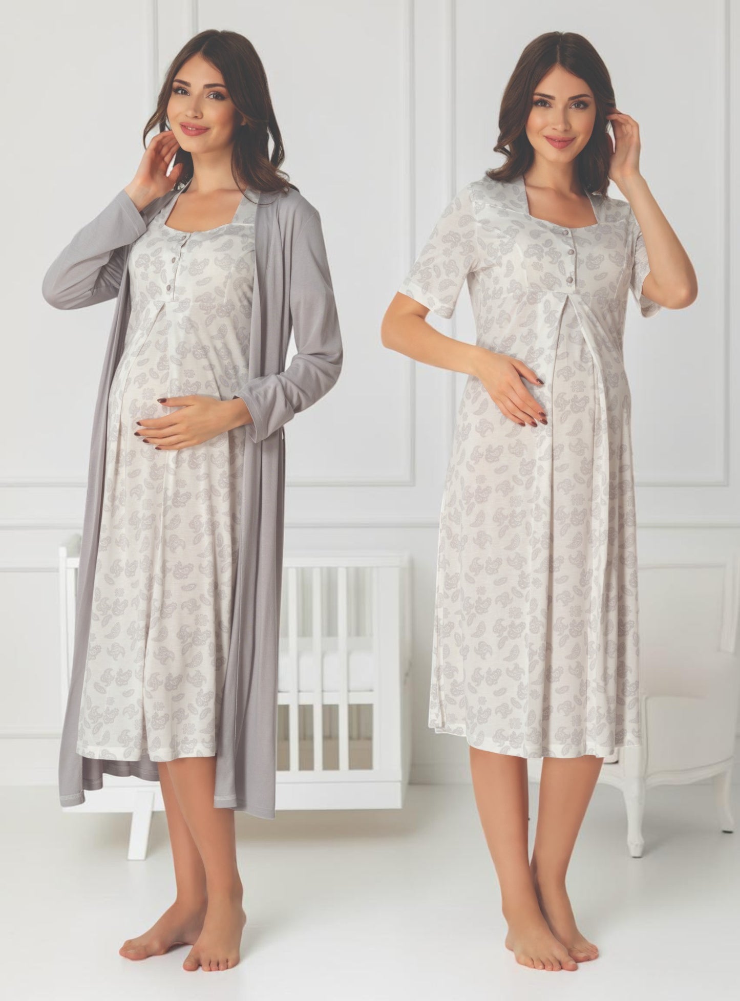 Grey nightie & robe set by Mini Plum – nursing nightwear with square neck, breastfeeding-friendly, hospital bag ready