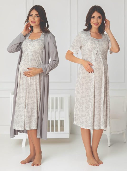 Grey nightie & robe set by Mini Plum – nursing nightwear with square neck, breastfeeding-friendly, hospital bag ready