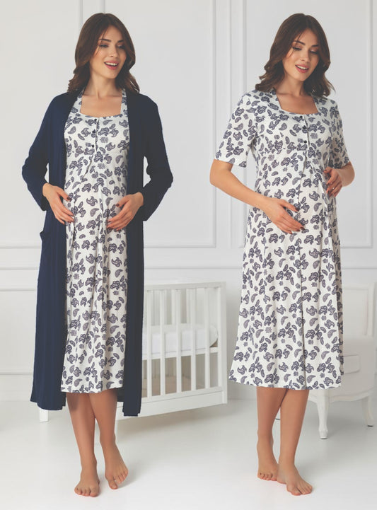 Navy nightie & robe set by Mini Plum – nursing nightwear with square neck, breastfeeding-friendly, hospital bag ready