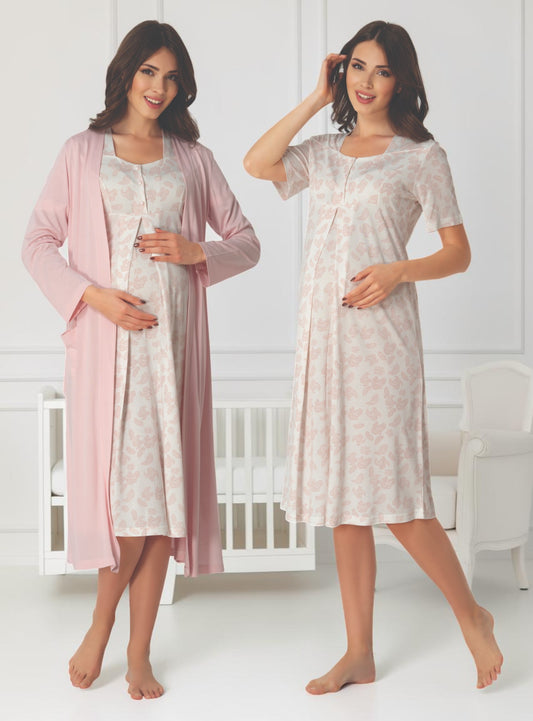 Pink nightie & robe set by Mini Plum – nursing nightwear with square neck, breastfeeding-friendly, hospital bag ready