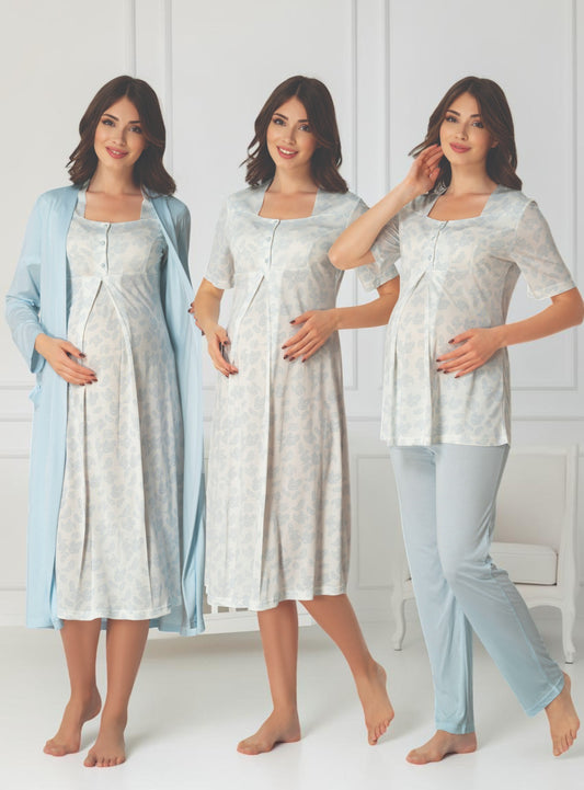 Blue 4-piece maternity set by Mini Plum – nursing nightwear with square neck, breastfeeding-friendly, hospital bag ready