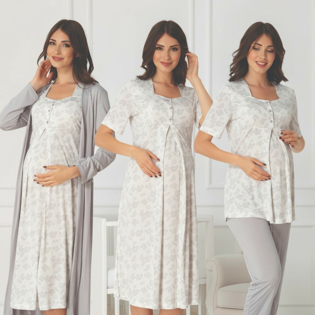 Grey 4-piece maternity set by Mini Plum – nursing nightwear with square neck, breastfeeding-friendly, hospital bag ready