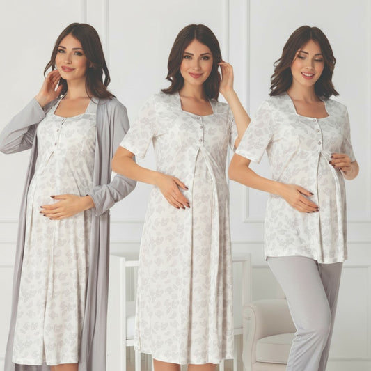 Grey 4-piece maternity set by Mini Plum – nursing nightwear with square neck, breastfeeding-friendly, hospital bag ready