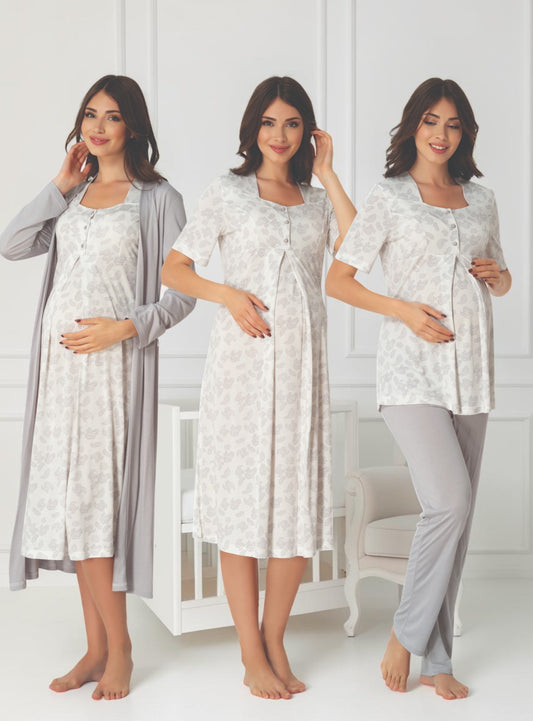 Grey 4-piece maternity set by Mini Plum – paisley print and square neck, maternity & nursing