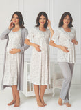 Grey 4 piece hospital bag set by Mini Plum – lace neckline & button-front nursing detail, cotton modal