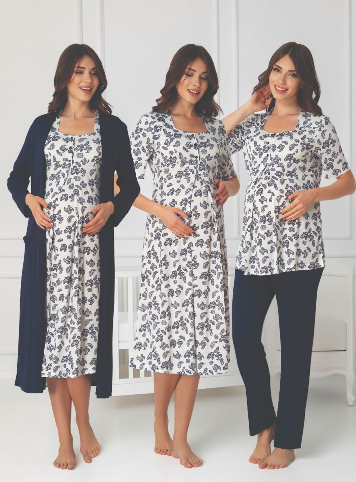 Navy 4-piece maternity set by Mini Plum – nursing nightwear with square neck, breastfeeding-friendly, hospital bag ready