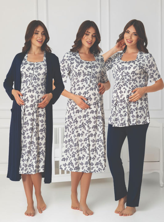 Navy 4-piece maternity set by Mini Plum – nursing nightwear with square neck, breastfeeding-friendly, hospital bag ready