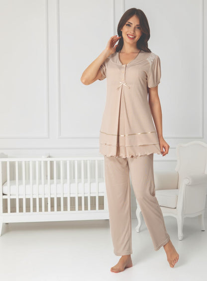 Beige maternity pyjamas by Mini Plum, short sleeve lace button – nursing & breastfeeding nightwear, postpartum, hospital bag ready