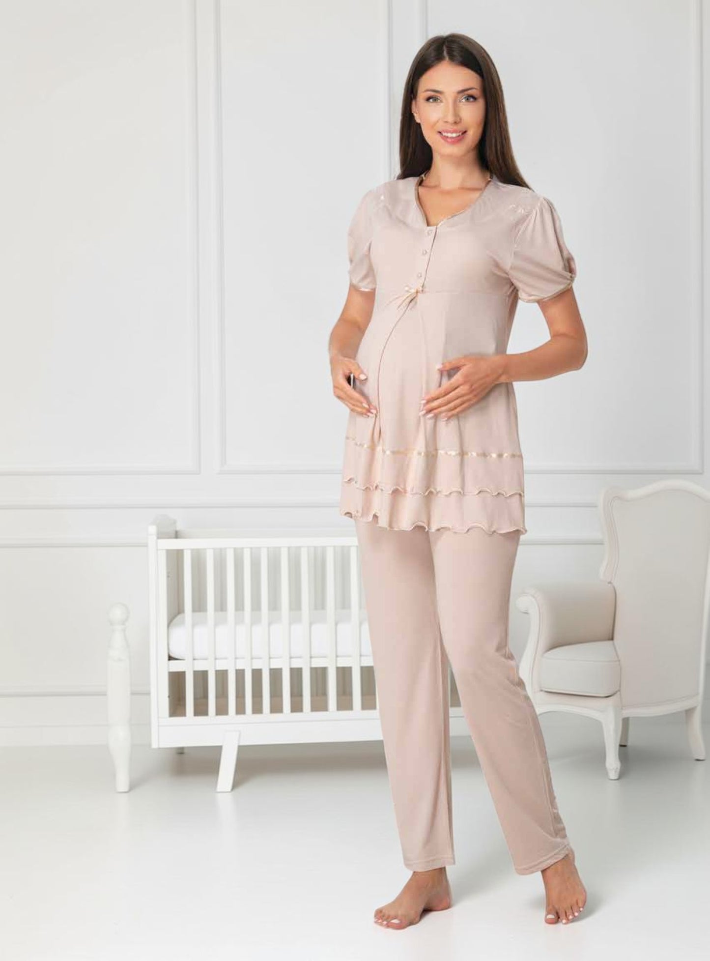 Beige maternity pyjamas by Mini Plum, short sleeve lace button – nursing & breastfeeding nightwear, postpartum, hospital bag ready