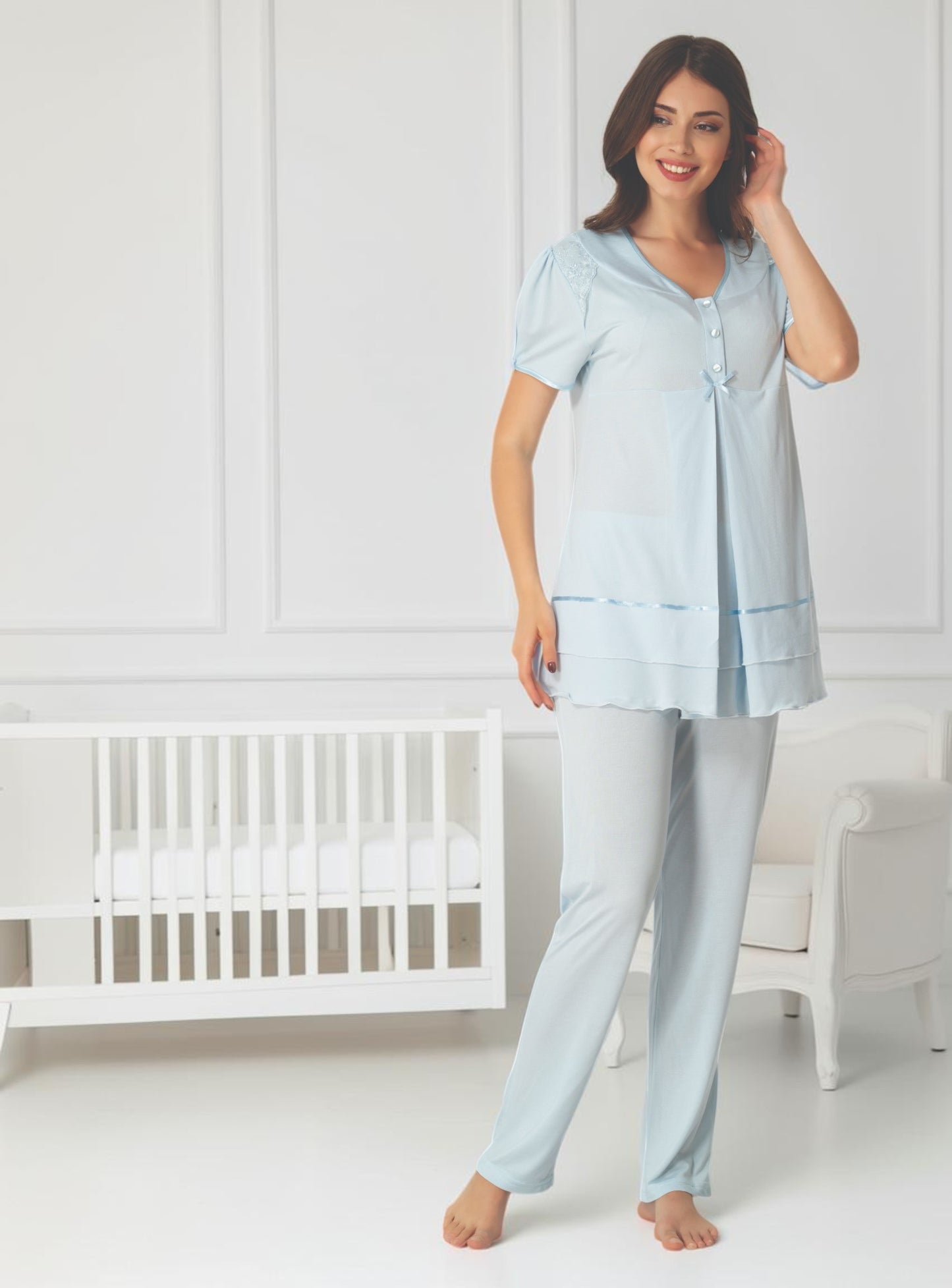 Blue maternity pyjamas by Mini Plum – nursing maternity nightwear, breastfeeding button-down, hospital bag & baby shower gift