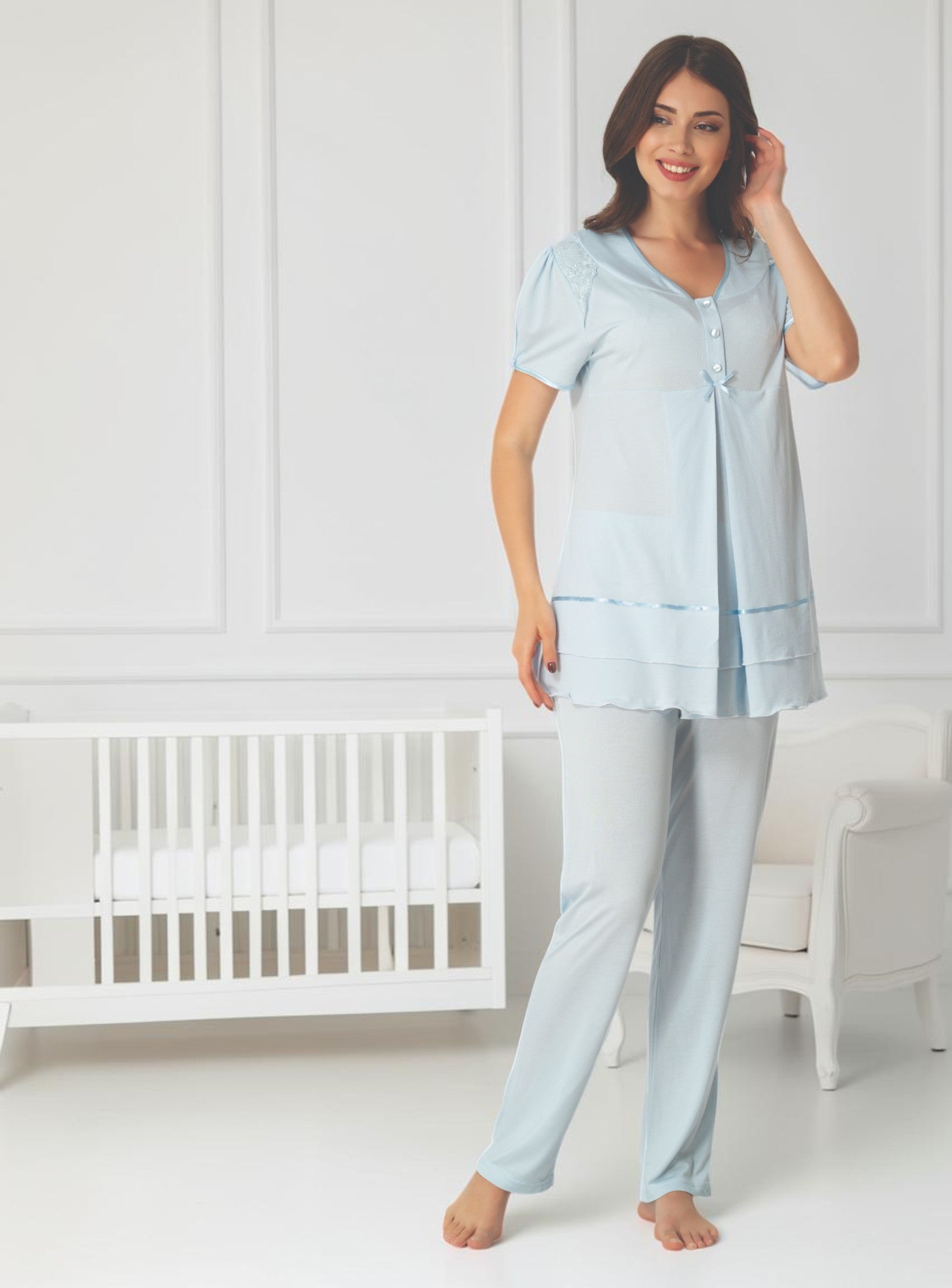 Blue maternity pyjamas by Mini Plum – nursing maternity nightwear, breastfeeding button-down, hospital bag & baby shower gift