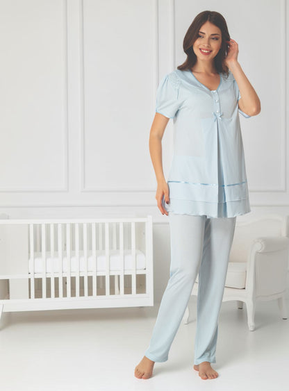 Blue maternity pyjamas by Mini Plum, short sleeve lace button – nursing & breastfeeding nightwear, postpartum, hospital bag ready