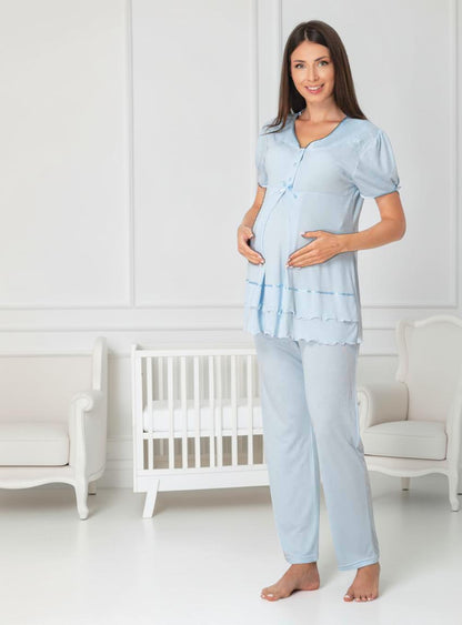 Blue maternity pyjamas by Mini Plum, short sleeve lace button – nursing & breastfeeding nightwear, postpartum, hospital bag ready